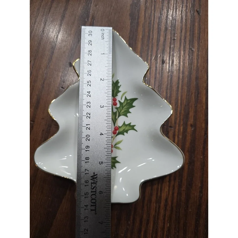 Vintage Kmart Christmas Tree Trinket‎ Dish Holly Berry Gold Trim Japan 6 inch